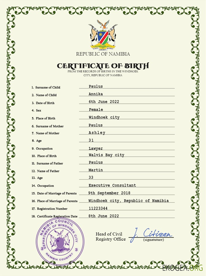Modèle PSD de certificat de naissance d'état civil de Namibie